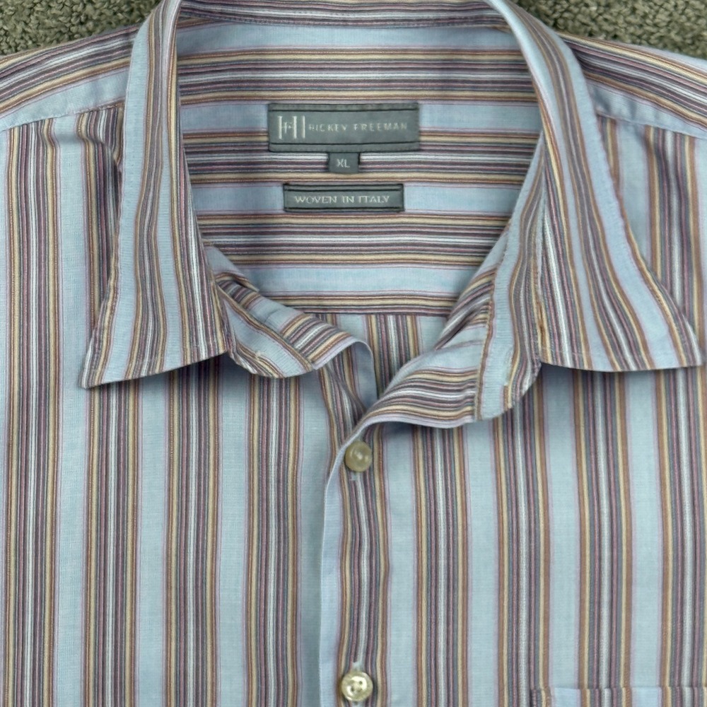 Hickey Freeman Button Down Shirt Mens XL Blue Tan Striped Italy Business